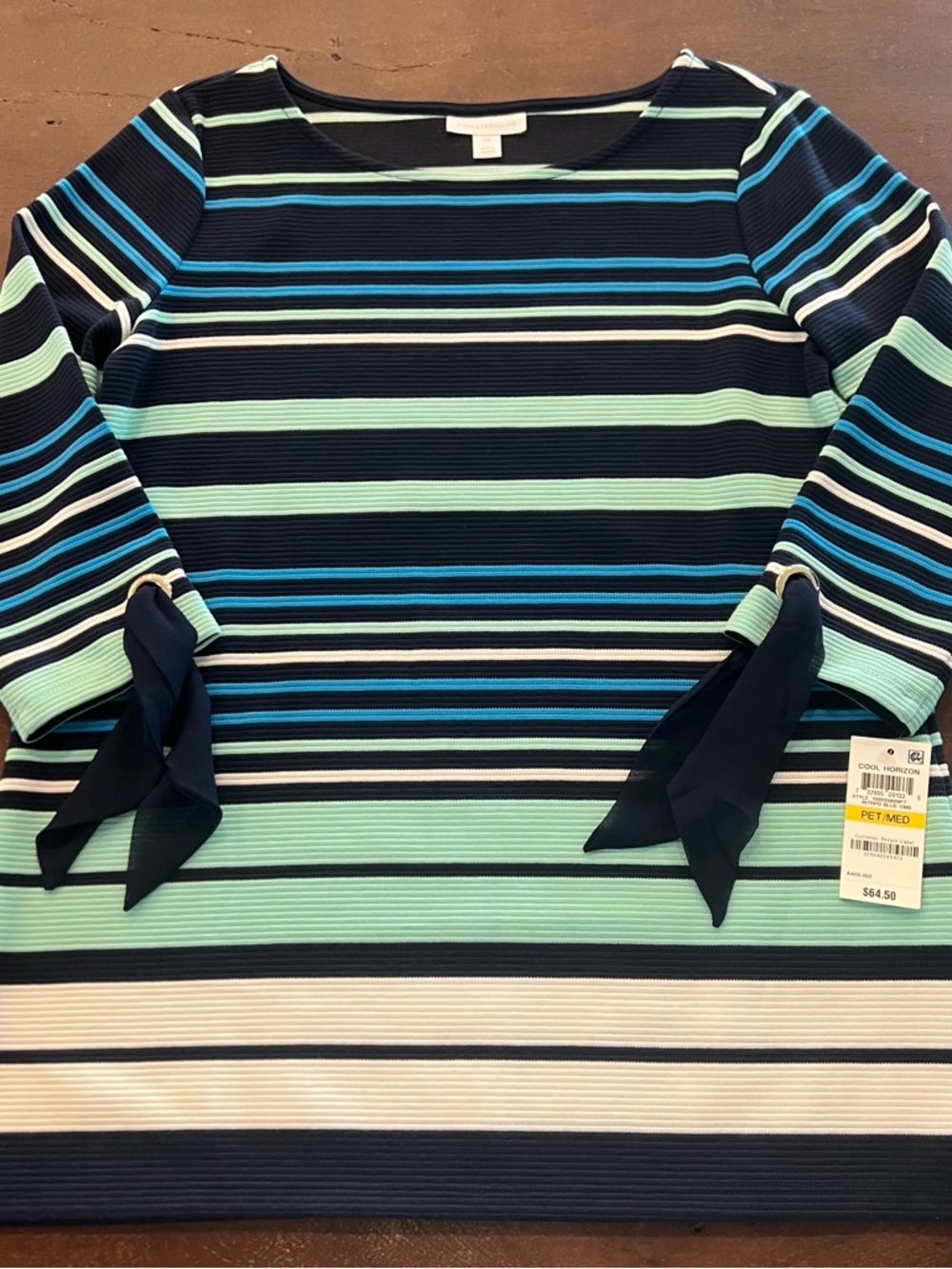 Charter Club Cool Horizon Navy and Mint Striped Top - SZ Petite Medium